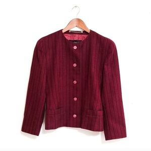 Louis Feraud Maroon & Black Pinstripe Wool Collarless Blazer
